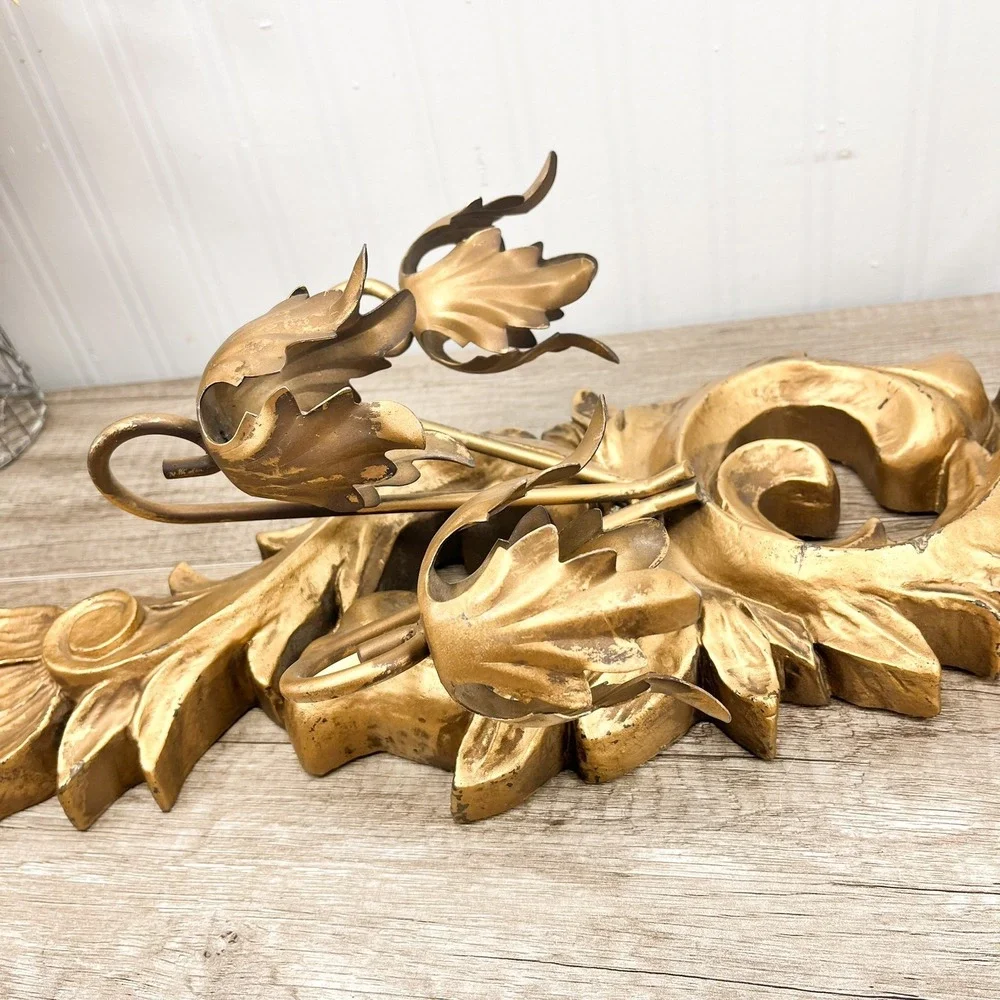 Vintage Gold Italian Wall Sconce: 3‎ Arm Acanthus Leaf Candle Holder